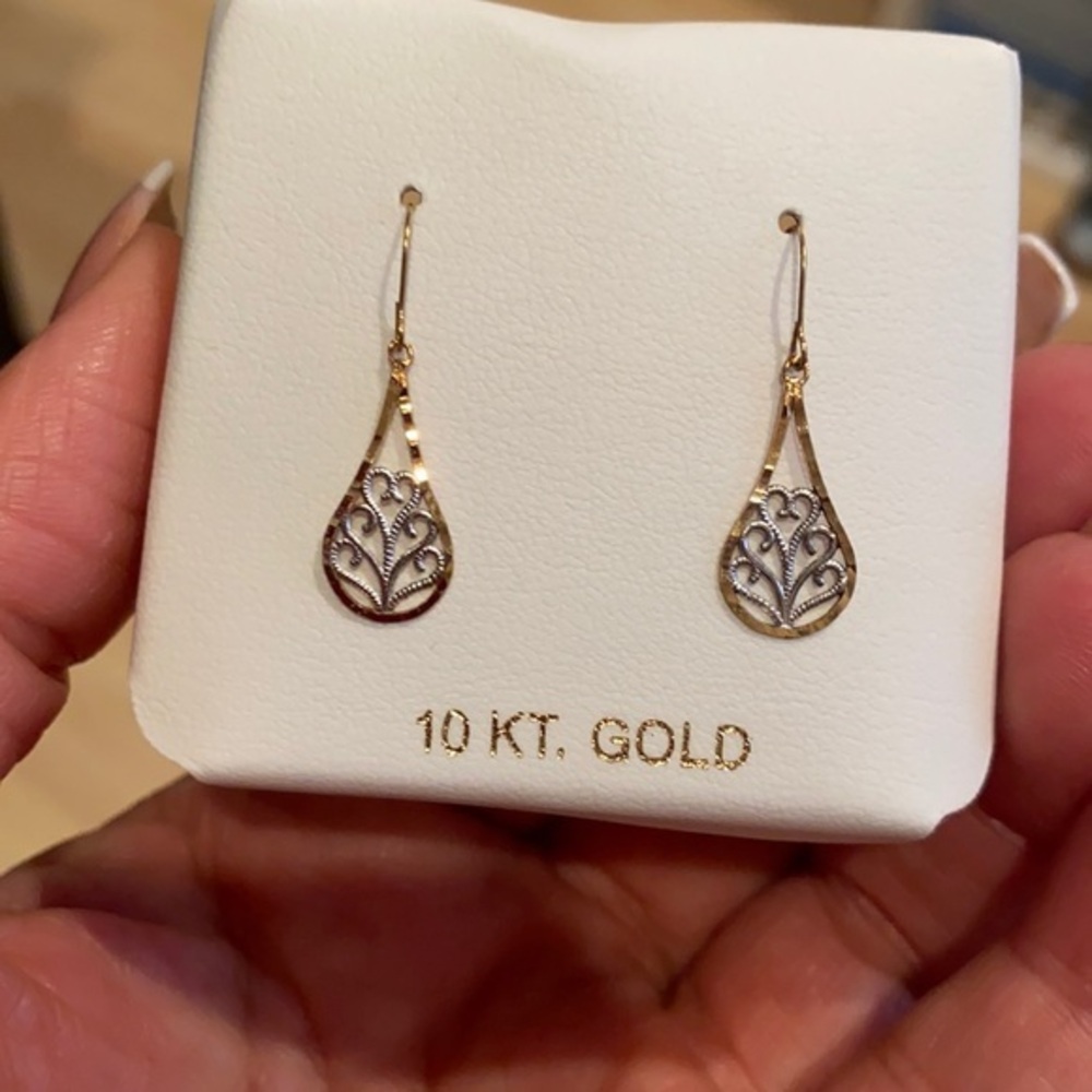 1” inch Pear 10K white & Gold Dangling Earrings tear shape earrings